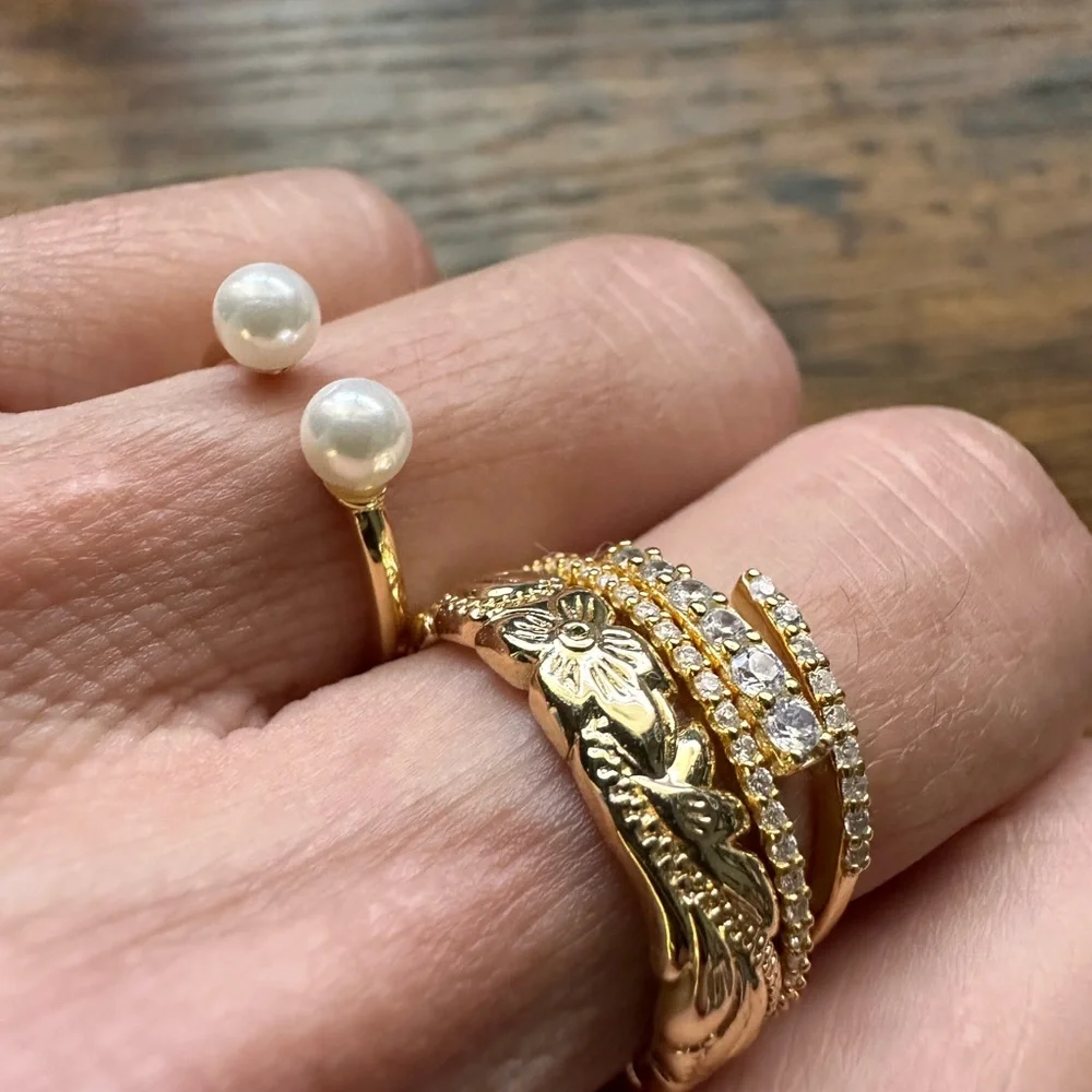 925 Sterling Silver Open Bypass Pearl Ring Adjustable Size 5-7 Minimalist